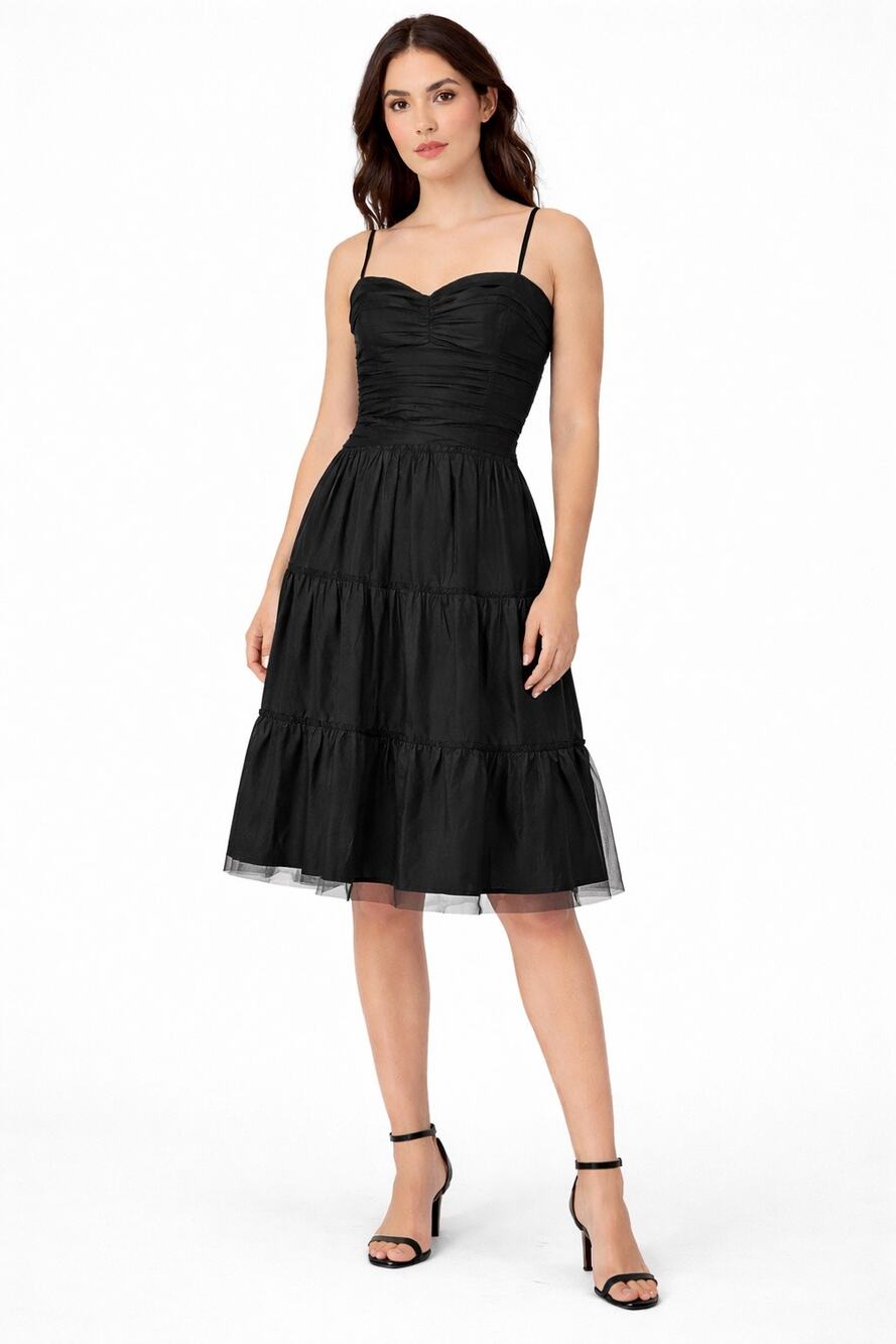 BCBGMAXAZRIA Black Ruched Tiered Silk Dress Spaghetti Straps Size 6 Coquette Y2K